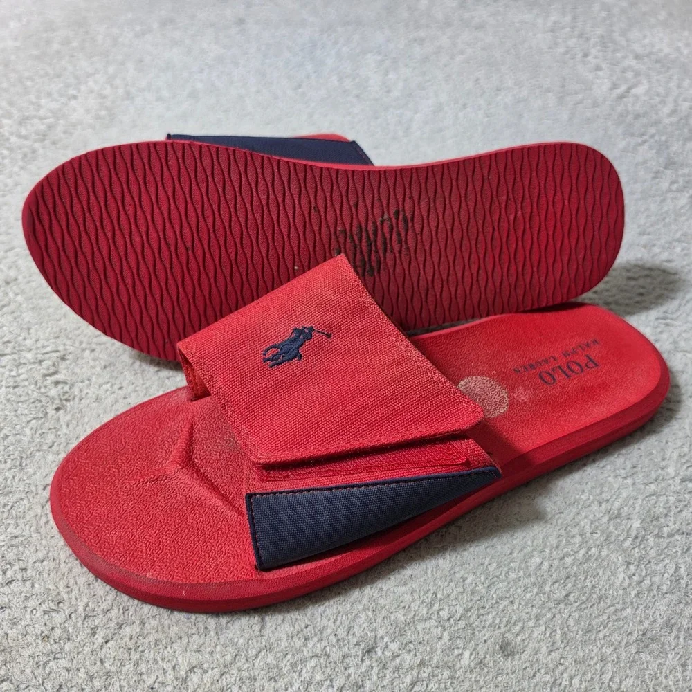 Polo Ralph Lauren Slides Mens 11 Red Navy Blue Pony Logo Adjustable Strap Sandal